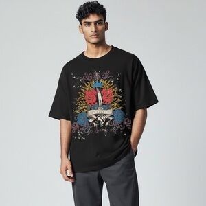 Y2K New Rich Dragon Fire Rose T-Shirt Embroidered Beaded Black 2XL XXL